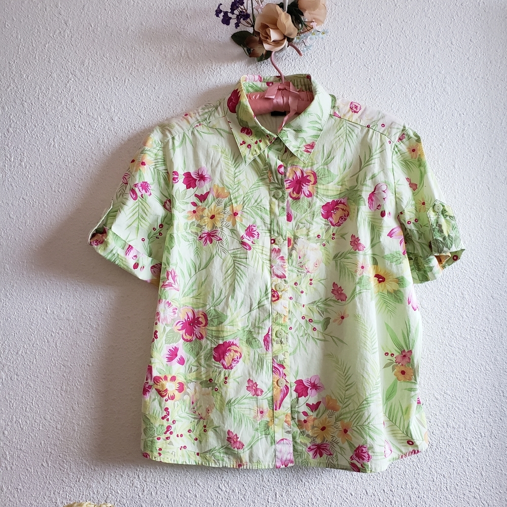 Gepetto Women Shortsleeve Summer Floral Top Shirt Rhinestone Embellished
